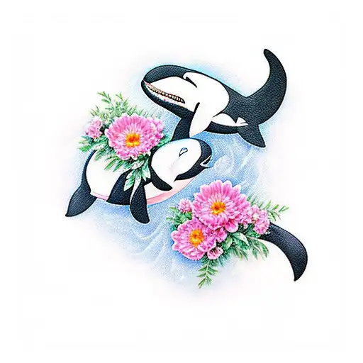 two orcas, mom and baby, with flowers on them tattoo design idea