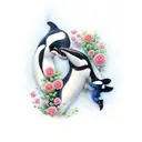 two orcas, mom and baby, with flowers on them tattoo design idea