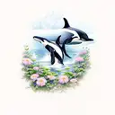 two orcas, mom and baby, with flowers on them tattoo design idea