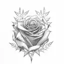 black rose with thorny vines. small  dagger among the thorns gold crown atop the rose black red gold small raven perched tattoo design idea