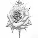 black rose with thorny vines. small  dagger among the thorns gold crown atop the rose black red gold small raven perched tattoo design idea