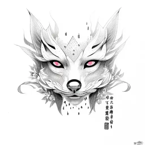 Path of Life, Broken Female Kitsune Mask, Flowers tattoo design idea