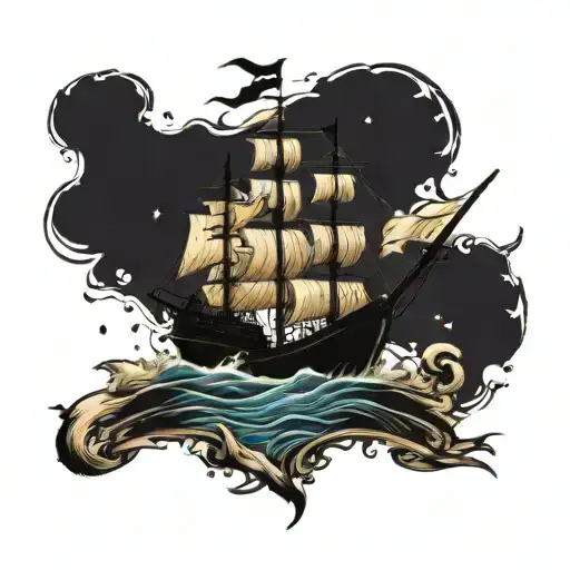 Pirate ship rough waters and a compass and the moon and stars tattoo design idea
