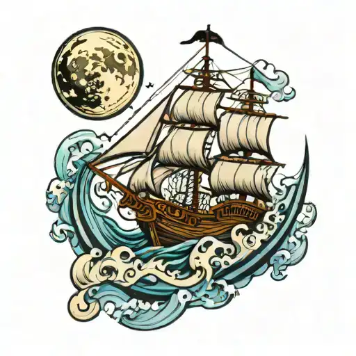 Pirate ship with waves and a compass and the moon tattoo design idea