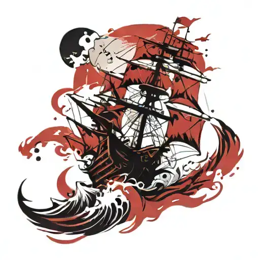 Pirate ship with waves and a compass and the moon tattoo design idea