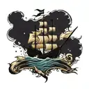 Pirate ship rough waters and a compass and the moon and stars tattoo design idea