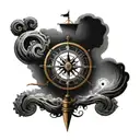 Pirate ship rough waters and a compass and the moon and stars tattoo design idea