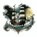 Pirate ship rough waters and a compass and the moon and stars tattoo design idea