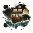 Pirate ship rough waters and a compass and the moon and stars tattoo design idea