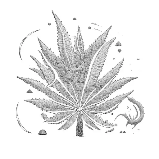 A beach scene with a giant cannabis plant growing from the sand tattoo design idea