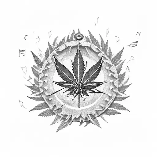 A music note made of cannabis leaves with a plane flying through it tattoo design idea