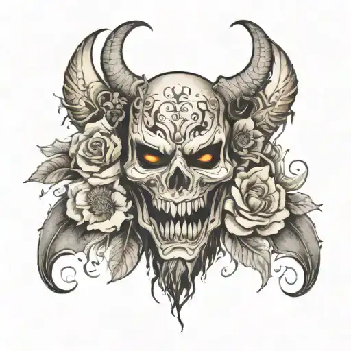 the face of a monster where half the mask is decorated with flowers, and half is sinister, without Flowers tattoo design idea