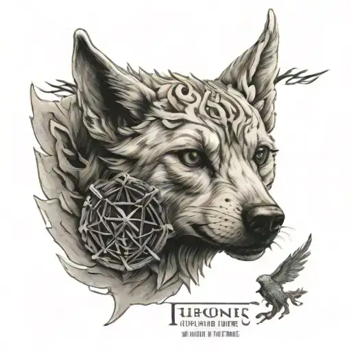 a small pointy eared chiahauhau in the middle of a house stark sigil from game of thrones.  tattoo design idea
