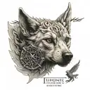 a small pointy eared chiahauhau in the middle of a house stark sigil from game of thrones.  tattoo design idea