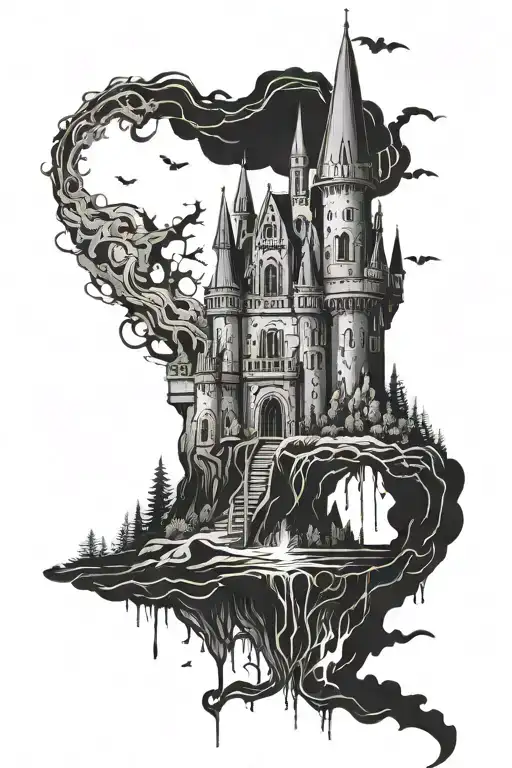 dark castle floating with witch casting spells tattoo design idea