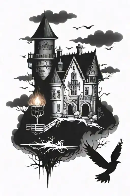 dark castle floating with witch casting spells tattoo design idea