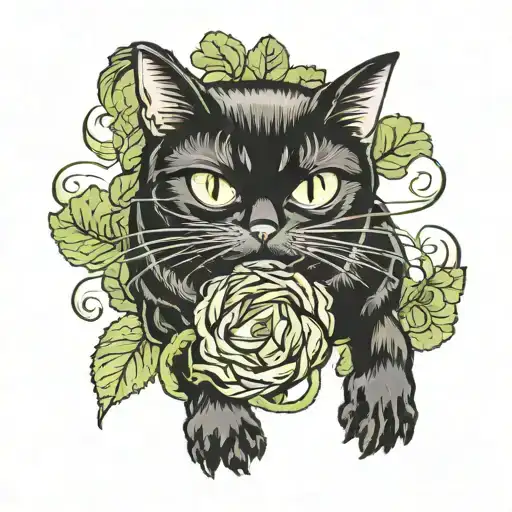 black cat playing with a small cabbage tattoo design idea