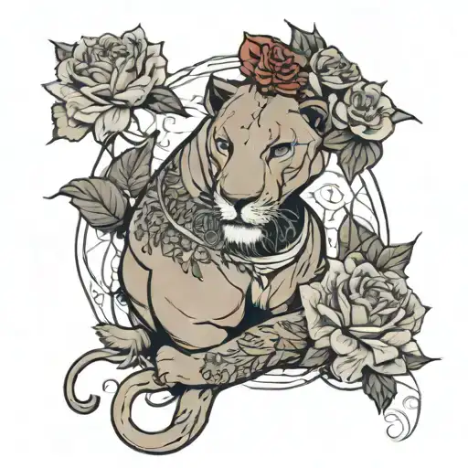 half lioness half man cracked in the Center with flowers around tattoo design idea