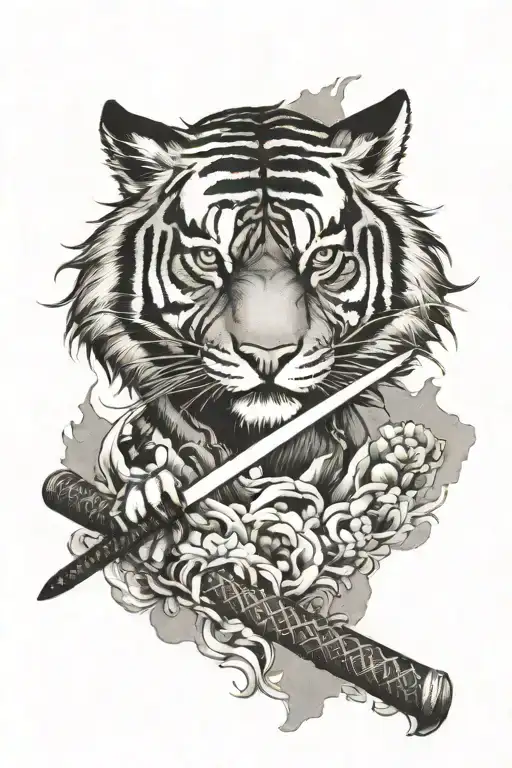 awolf and tiger in mist shadow between a katana sword tattoo design idea