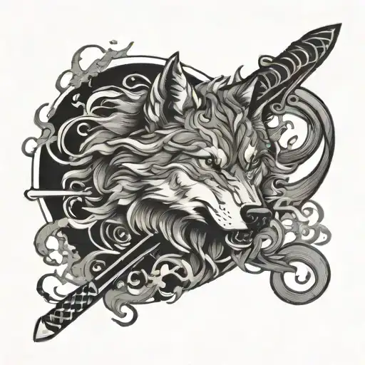 a wolf in smoke with katana sword tattoo design idea