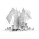 A fearless architect standing confidently in front of a skyline, with a sleek car parked nearby tattoo design idea