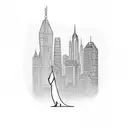 A fearless architect standing confidently in front of a skyline, with a sleek car parked nearby tattoo design idea