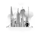 A fearless architect standing confidently in front of a skyline, with a sleek car parked nearby tattoo design idea