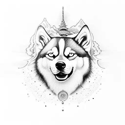 A serene lake reflecting the image of the All-Seeing Eye, with the silhouette of a Siberian husky in the foreground tattoo design idea