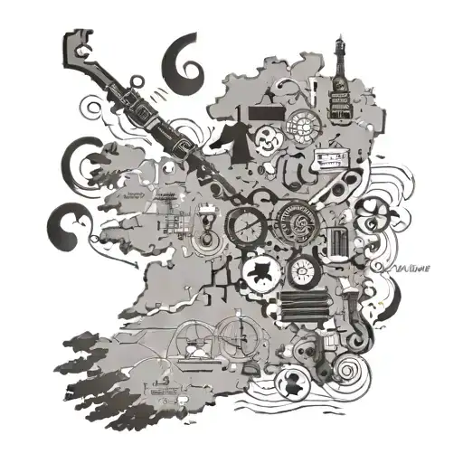 A utility operator symbol integrated into a historical map of Ireland, with musical instruments scattered throughout tattoo design idea