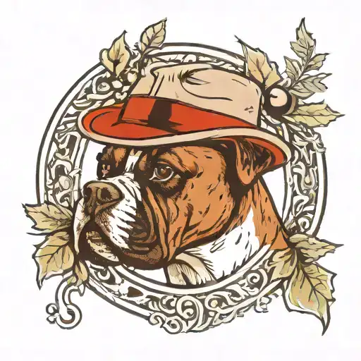 Boxer dog in hat smoking pipe framed by oak wreath tattoo design idea