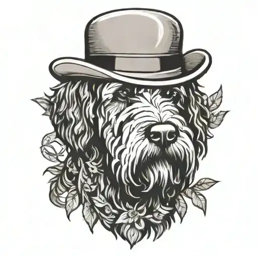 dog black russian terrier in hat smoking pipe framed by laurel wreath tattoo design idea