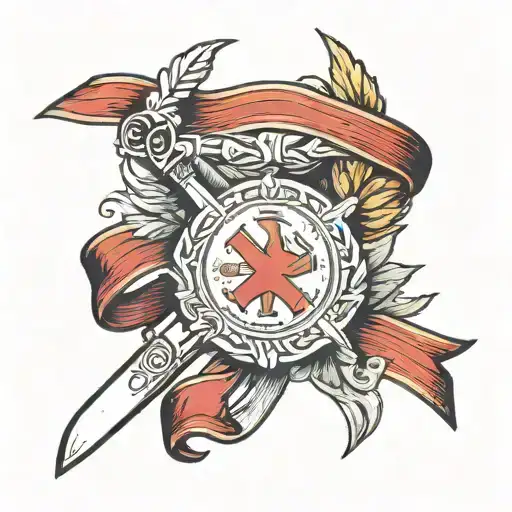 a knife with an imperial ribbon on the handle pierces the Soviet flag tattoo design idea