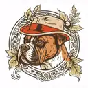 Boxer dog in hat smoking pipe framed by oak wreath tattoo design idea