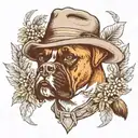 Boxer dog in hat smoking pipe framed by oak wreath tattoo design idea