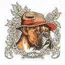 Boxer dog in hat smoking pipe framed by oak wreath tattoo design idea