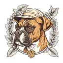 Boxer dog in hat smoking pipe framed by oak wreath tattoo design idea