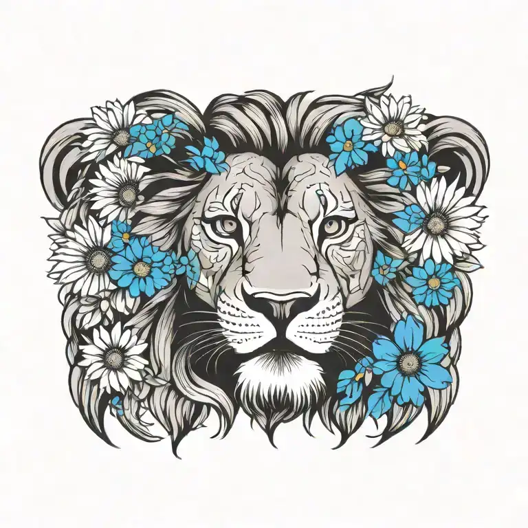 lion roaring  with daisies and larkspur tattoo design idea