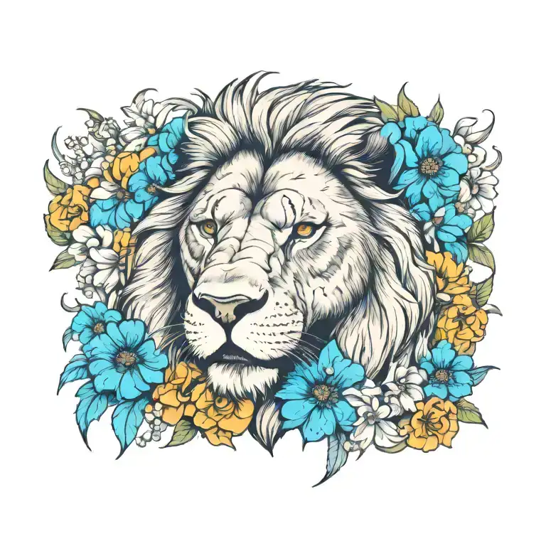 angry lion with daisies and larkspur tattoo design idea