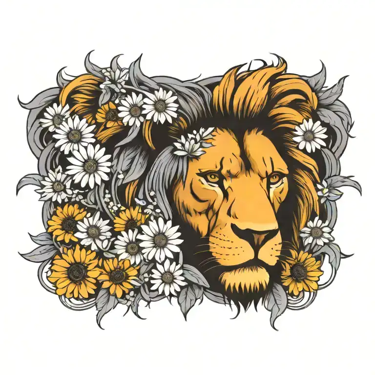 angry lion with daisies and larkspur tattoo design idea