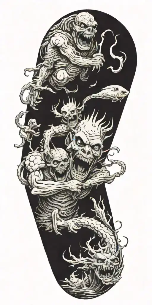 demons and monsters fight against sailors tattoo design idea