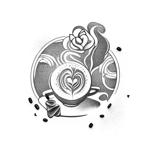 A whimsical coffee cup pouring latte art in the shape of a croissant tattoo design idea