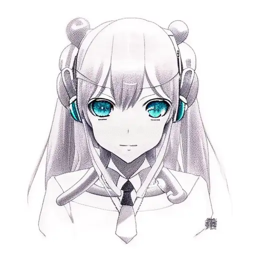 A realistic portrait of Hatsune Miku surrounded by iconic anime characters tattoo design idea