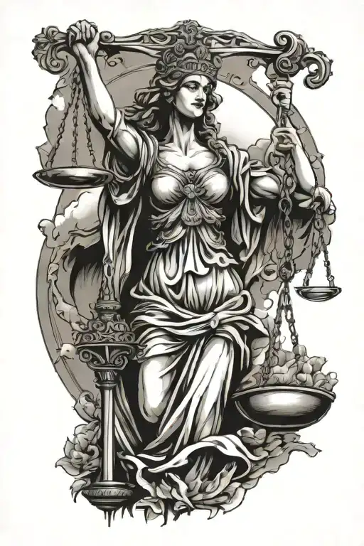 lady justice full body with background tattoo design idea