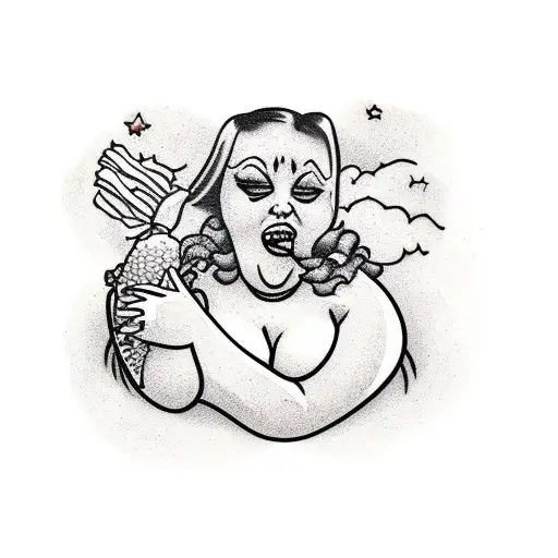 fat white chick eating a gigantic corn dog, messy hair, gross, trailer trash tattoo design idea