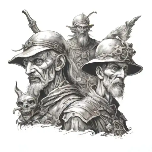 A detailed portrait of Don Quixote with a zombie twist, showcasing the contrast between fantasy and horror tattoo design idea