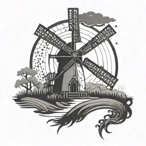 An abstract design featuring the iconic windmill from Don Quixote's adventures, intertwined with zombie hands reaching out tattoo design idea