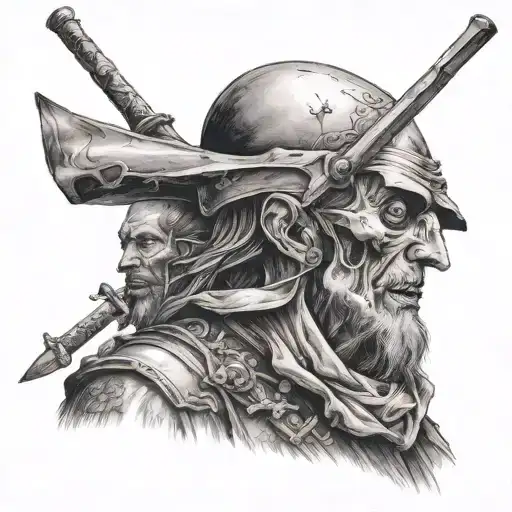 A detailed portrait of Don Quixote with a zombie twist, showcasing the contrast between fantasy and horror tattoo design idea