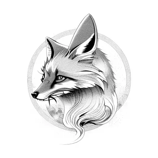 A fierce NineTail Fox in a dynamic pose surrounded by symbols from NieR tattoo design idea