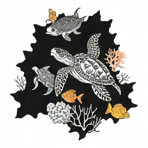 Underwater scene with a majestic sea turtle surrounded by colorful coral and fish tattoo design idea