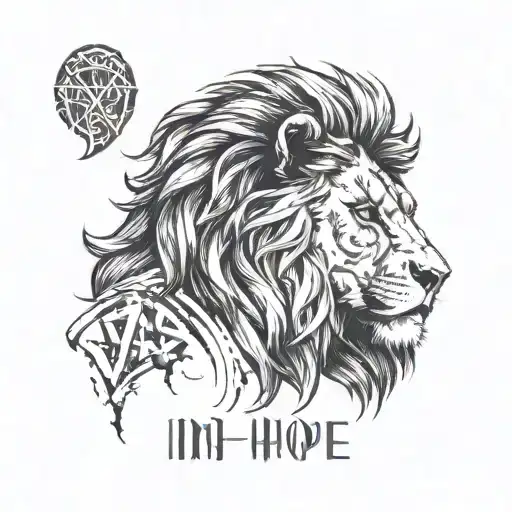 lion head with scars. Quote "In valor there is hope" tattoo design idea